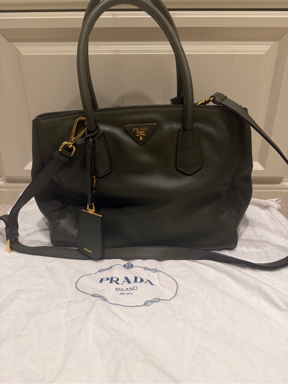 Prada Milano Army Green Leather Tote with Shoulder Strap